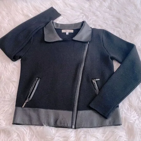 MY TRIBE wool blend Moto knit jacket leather trim full zip front zip pockets - Picture 10 of 11